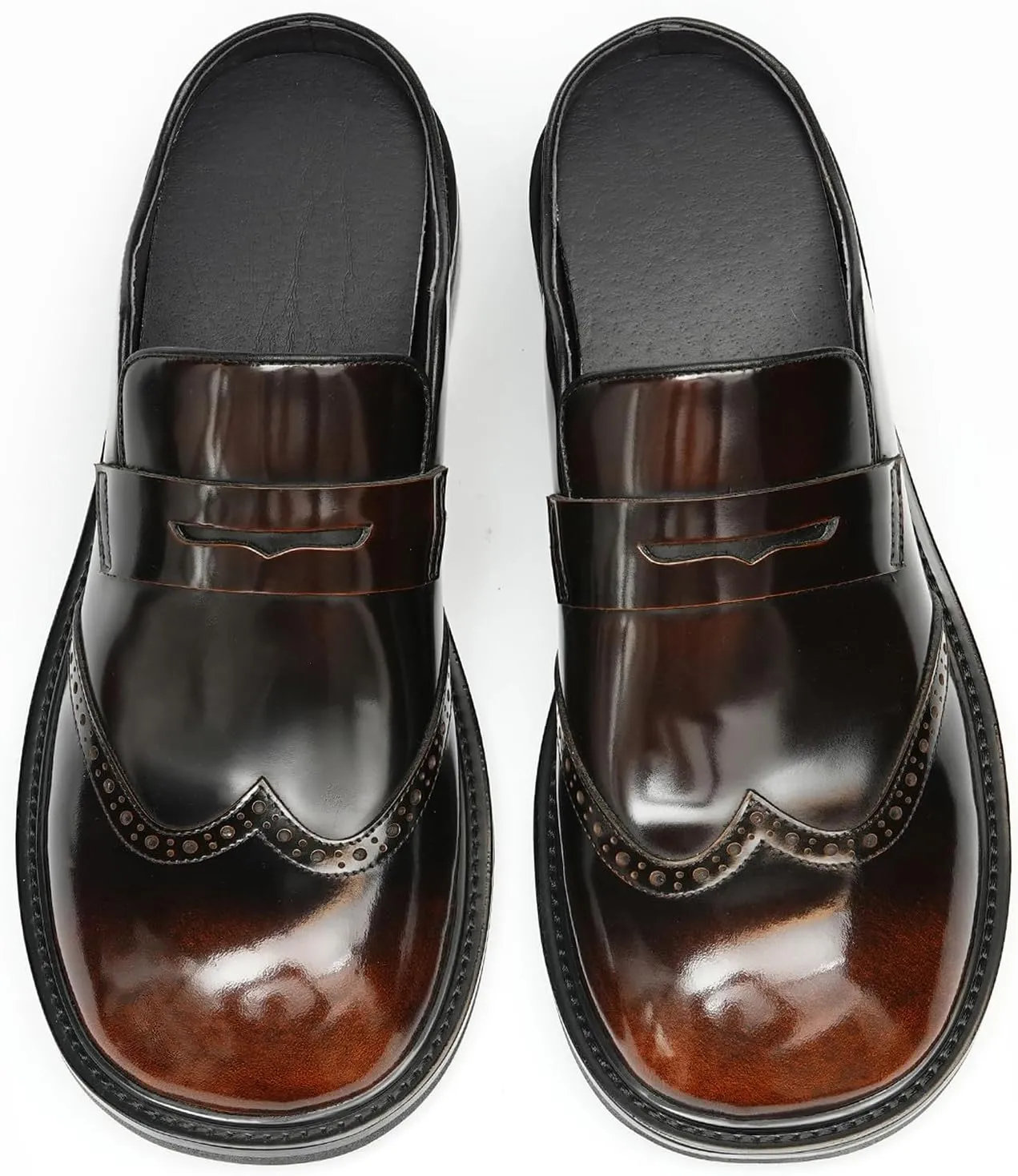 Santimon Men’s Mules Penny Loafer Slip-On Dress Shoes, Polished Wingtip Brogue Clogs for Business Casual, Open-Back Outside Slippers for Men