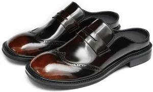 Santimon Men’s Mules Penny Loafer Slip-On Dress Shoes, Polished Wingtip Brogue Clogs for Business Casual, Open-Back Outside Slippers for Men