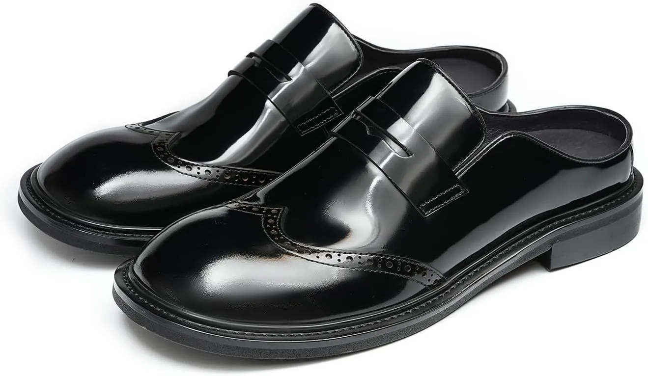 Santimon Men’s Mules Penny Loafer Slip-On Dress Shoes, Polished Wingtip Brogue Clogs for Business Casual, Open-Back Outside Slippers for Men