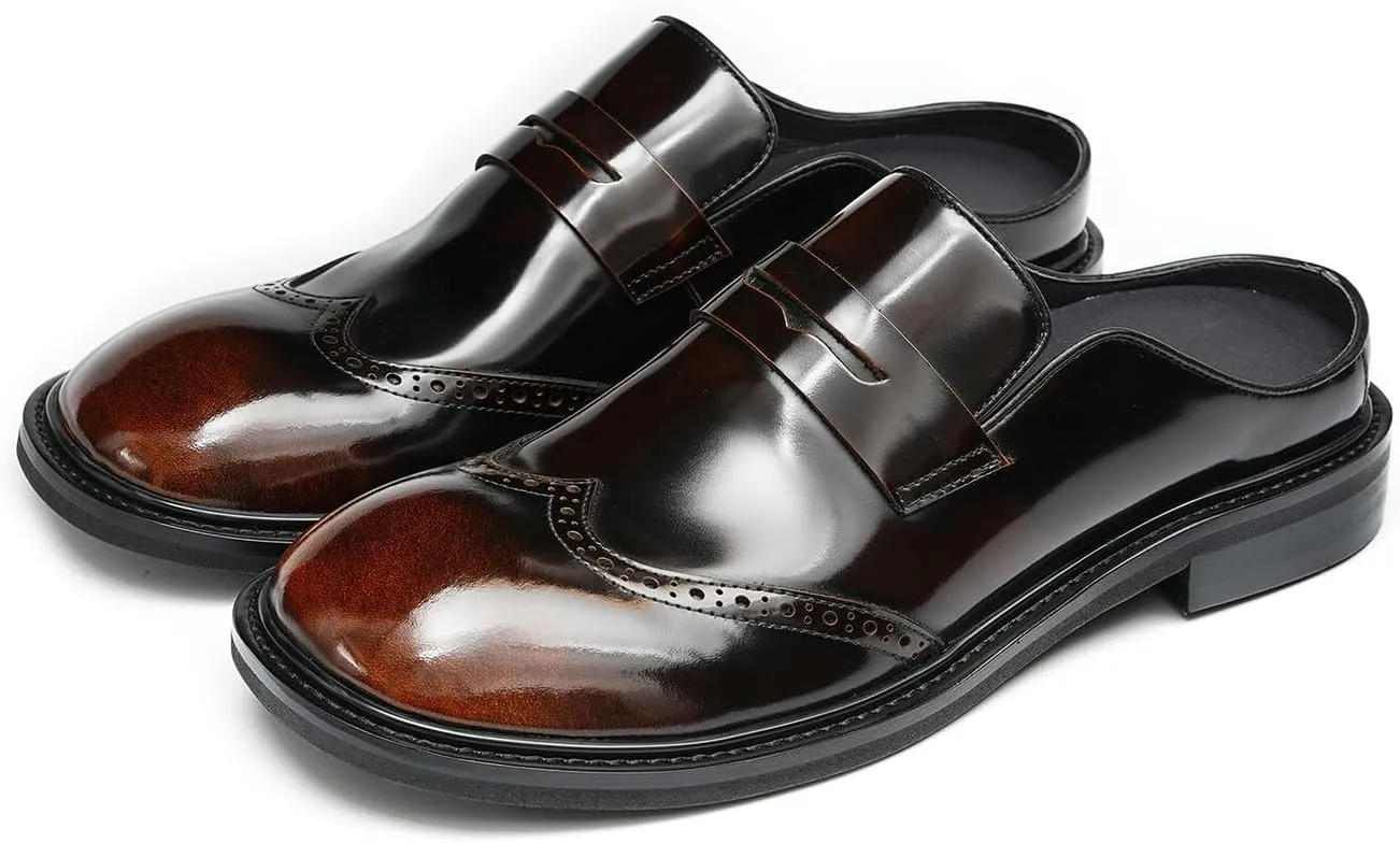 Santimon Men’s Mules Penny Loafer Slip-On Dress Shoes, Polished Wingtip Brogue Clogs for Business Casual, Open-Back Outside Slippers for Men