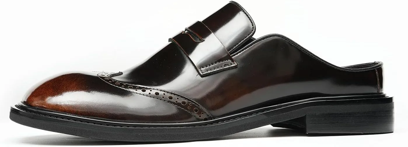 Santimon Men’s Mules Penny Loafer Slip-On Dress Shoes, Polished Wingtip Brogue Clogs for Business Casual, Open-Back Outside Slippers for Men