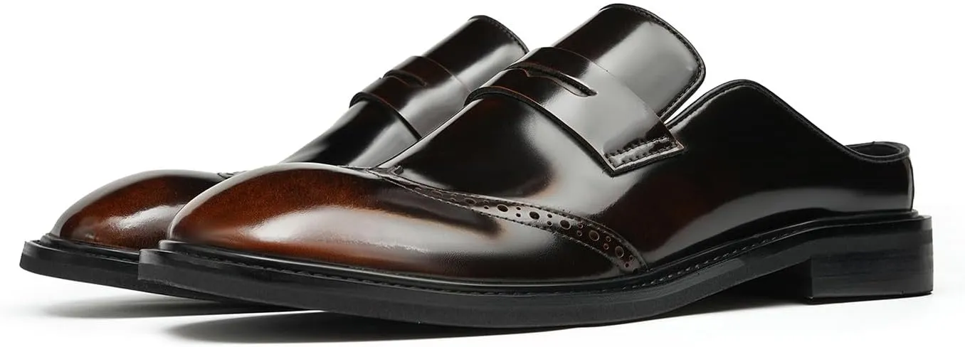 Santimon Men’s Mules Penny Loafer Slip-On Dress Shoes, Polished Wingtip Brogue Clogs for Business Casual, Open-Back Outside Slippers for Men
