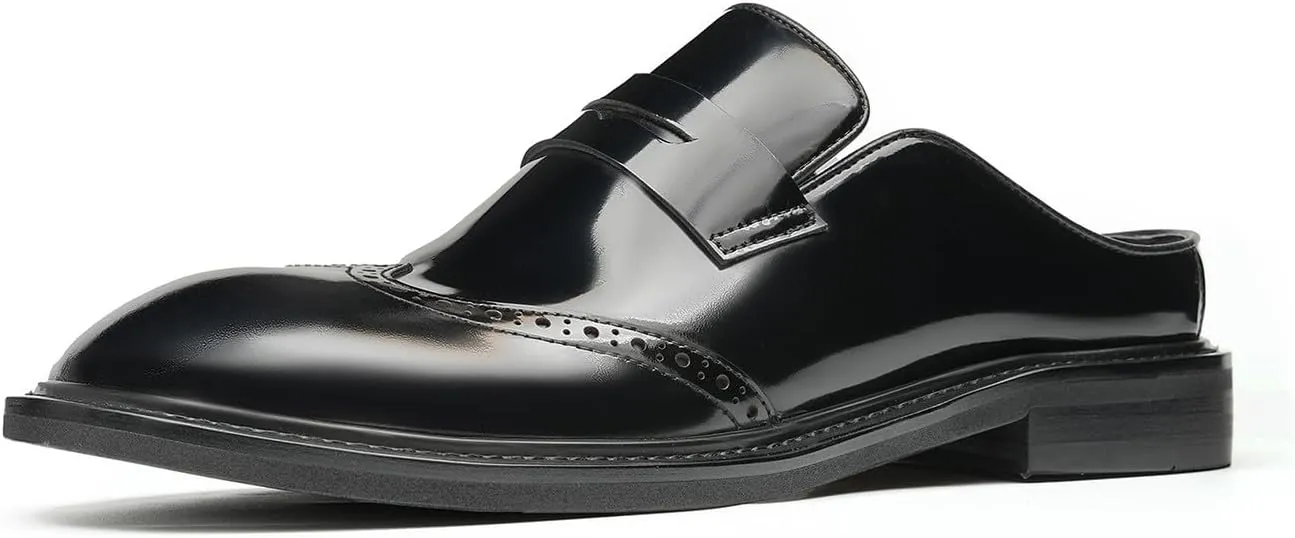 Santimon Men’s Mules Penny Loafer Slip-On Dress Shoes, Polished Wingtip Brogue Clogs for Business Casual, Open-Back Outside Slippers for Men