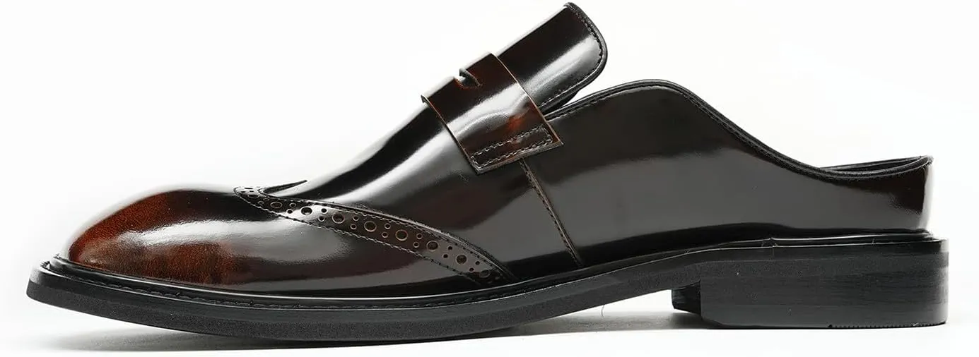 Santimon Men’s Mules Penny Loafer Slip-On Dress Shoes, Polished Wingtip Brogue Clogs for Business Casual, Open-Back Outside Slippers for Men