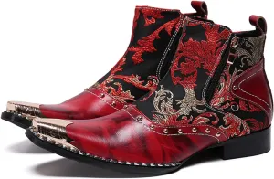 Santimon Mens Western Boots Leather,Stylish Zipper Dress Chelsea Boots,Metal Tip Boots for Men
