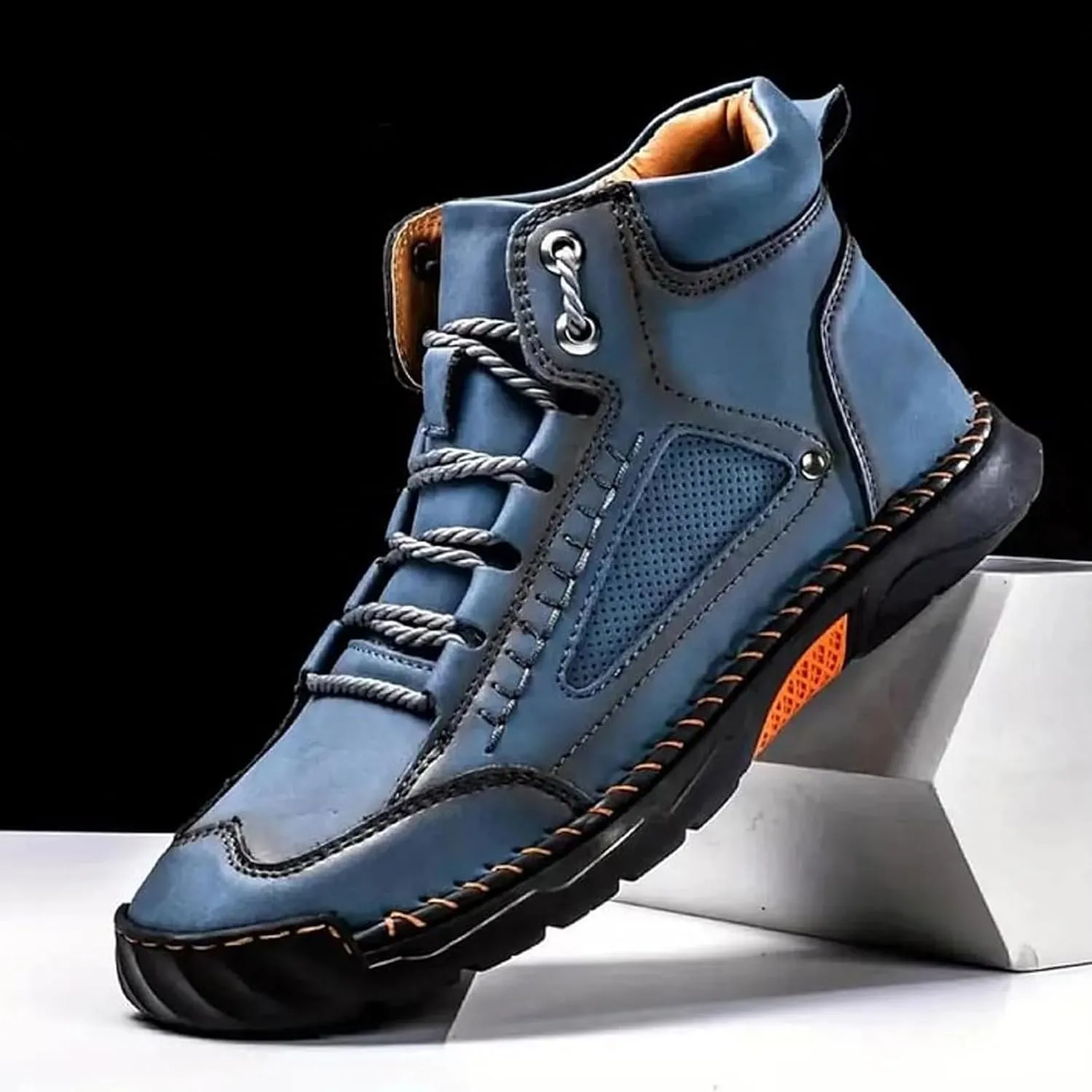 Sawbehind Men's Comfortable Handmade Leather Boots, 2025 New Sawbehind Mens Boots, Wide Toe Box Outdoor Leather Shoes, Waterproof, Arch Support