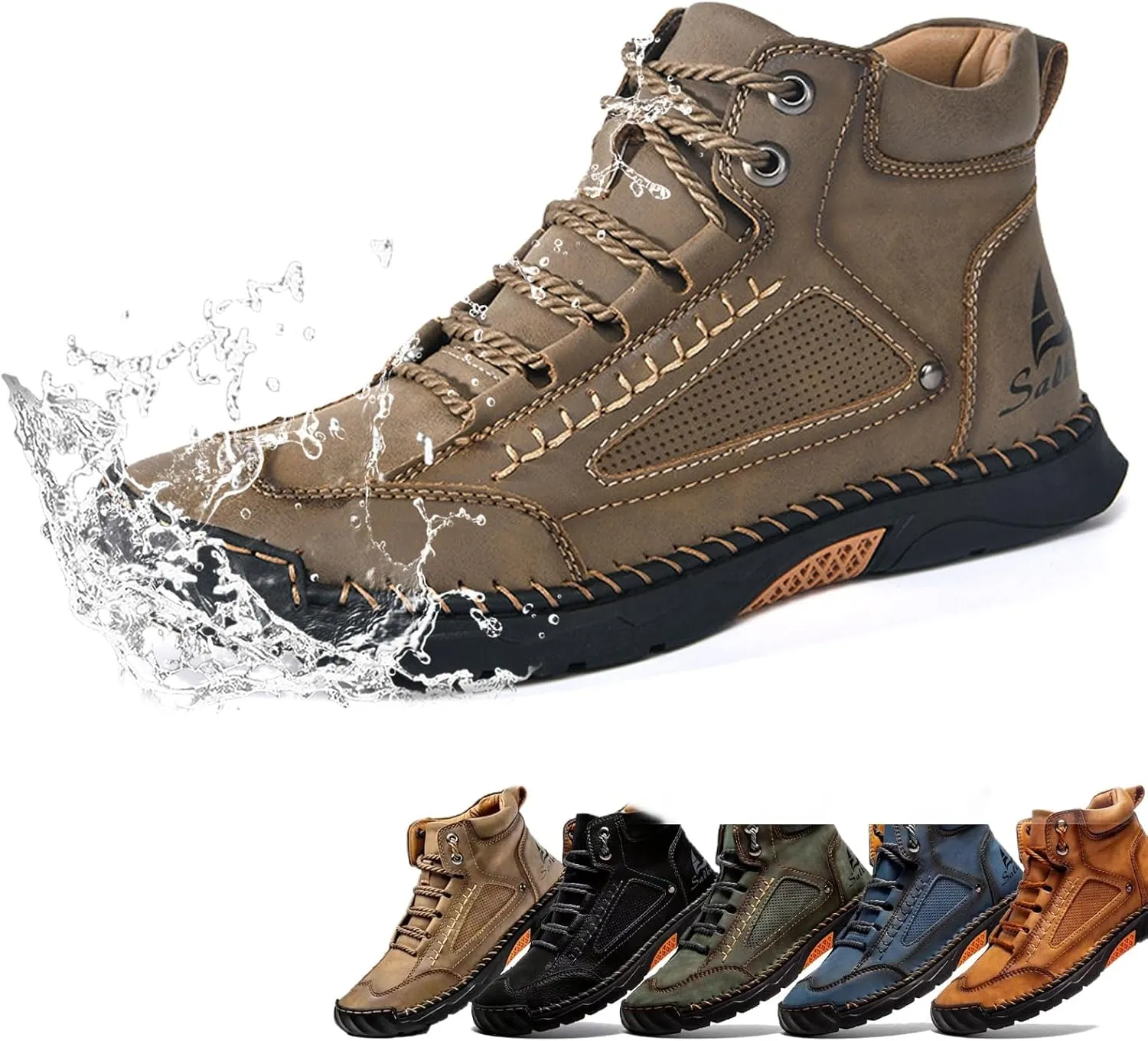 Sawbehind Men's Comfortable Handmade Leather Boots, 2025 New Sawbehind Mens Boots, Wide Toe Box Outdoor Leather Shoes, Waterproof, Arch Support