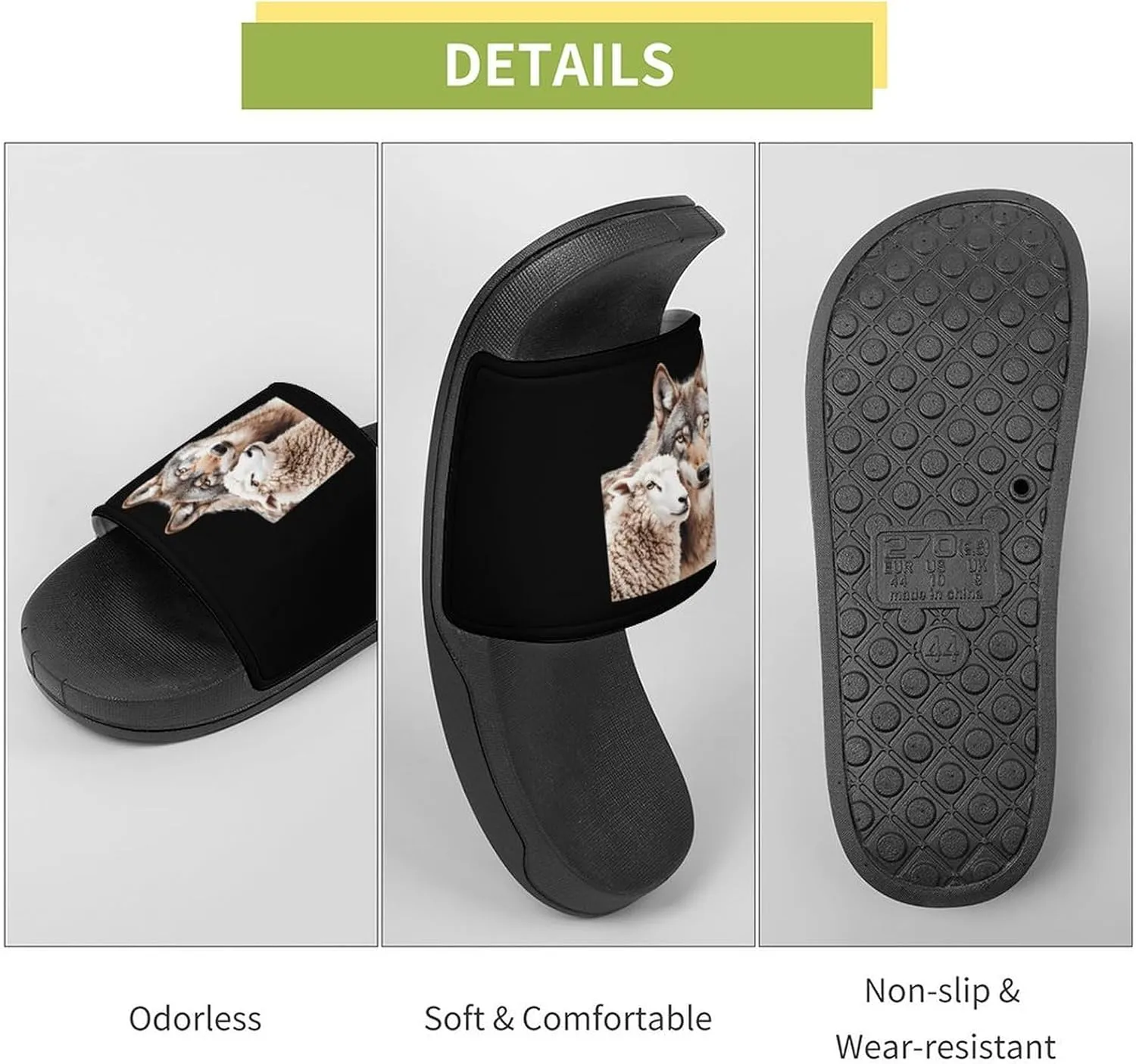 Sheep & Wolf Shower Sandals PVC Pillow Slippers Bath Slip On Home Shoes Non-Slip for Outdoor