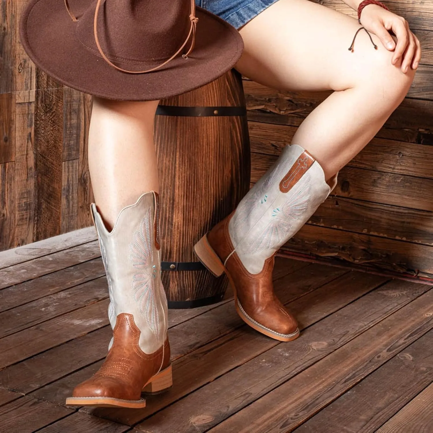 SheSole Women's Cowboy Boots Square Toe Cowgirl Boots Wide Calf Fashion Western Boots