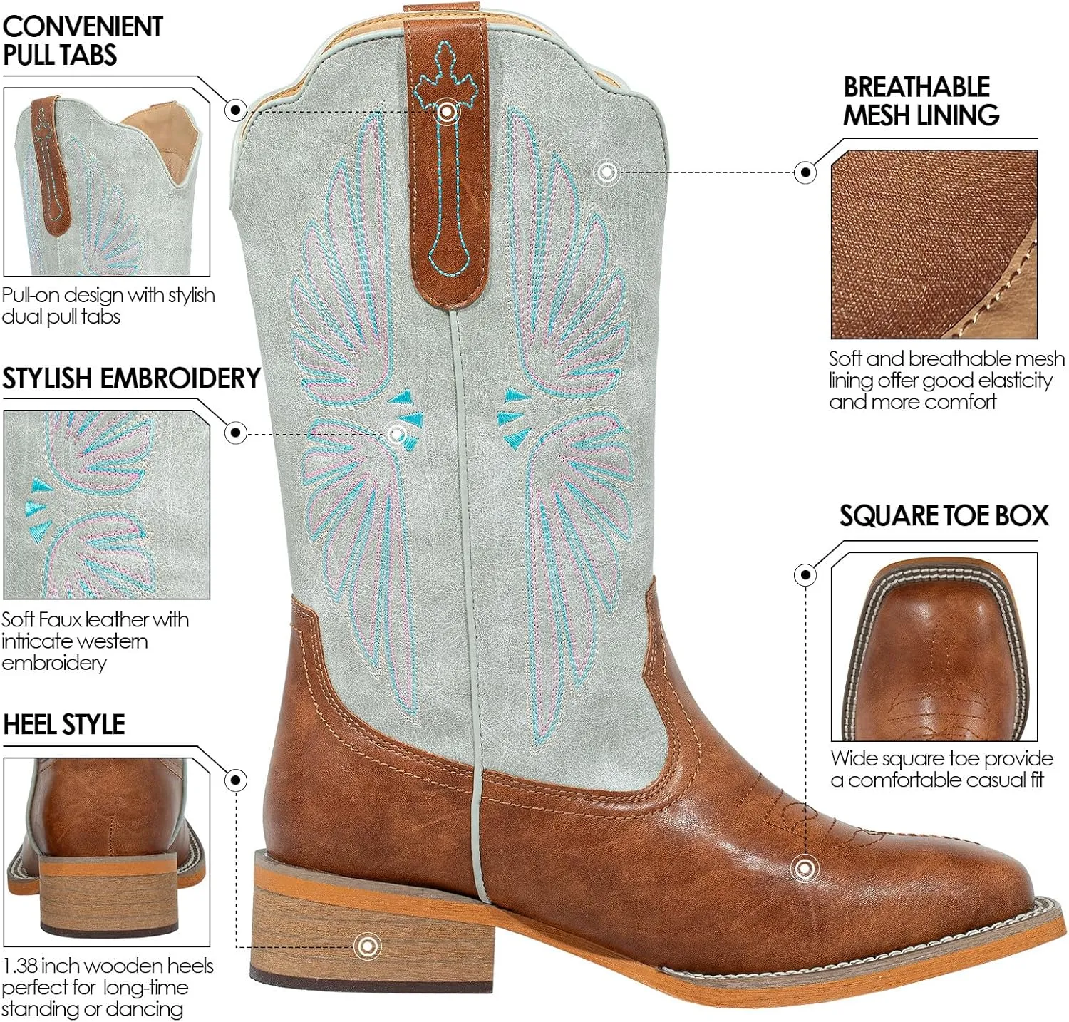 SheSole Women's Cowboy Boots Square Toe Cowgirl Boots Wide Calf Fashion Western Boots