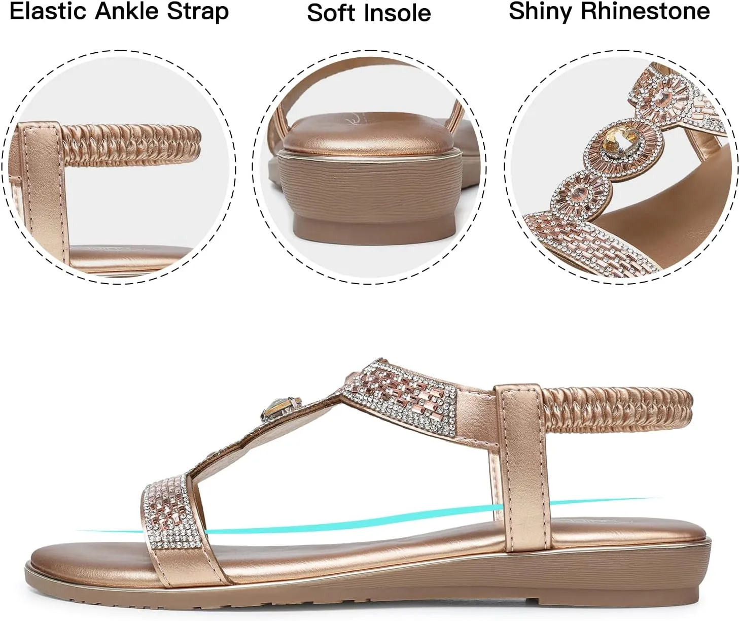 SHIBEVER Sandals Women Dressy Summer: Comfortable Rhinestones Bling Flats Ankle Strap Sandals