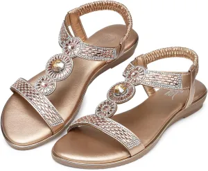 SHIBEVER Sandals Women Dressy Summer: Comfortable Rhinestones Bling Flats Ankle Strap Sandals