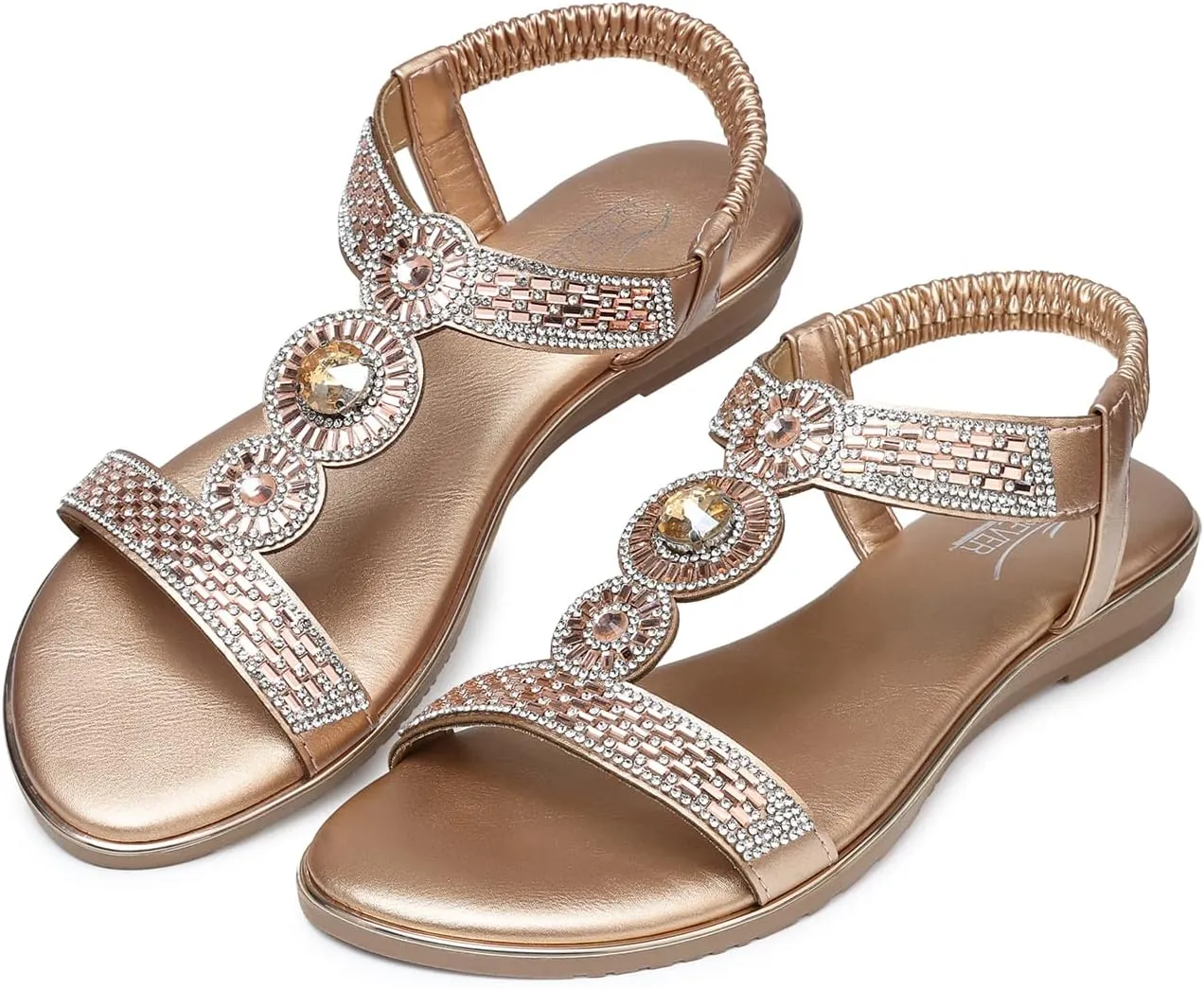 SHIBEVER Sandals Women Dressy Summer: Comfortable Rhinestones Bling Flats Ankle Strap Sandals