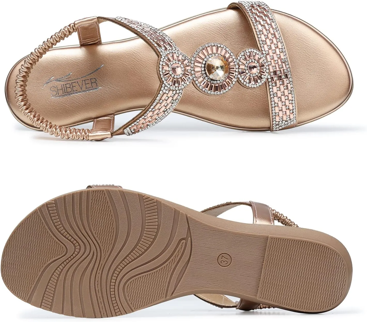 SHIBEVER Sandals Women Dressy Summer: Comfortable Rhinestones Bling Flats Ankle Strap Sandals