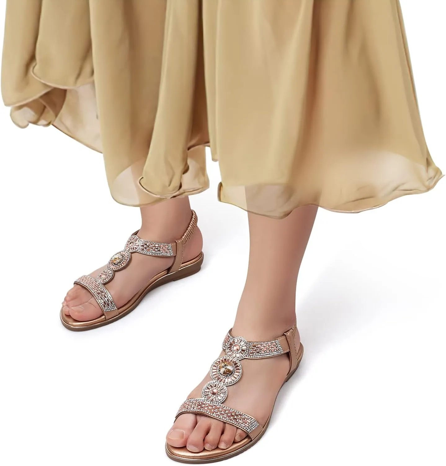 SHIBEVER Sandals Women Dressy Summer: Comfortable Rhinestones Bling Flats Ankle Strap Sandals