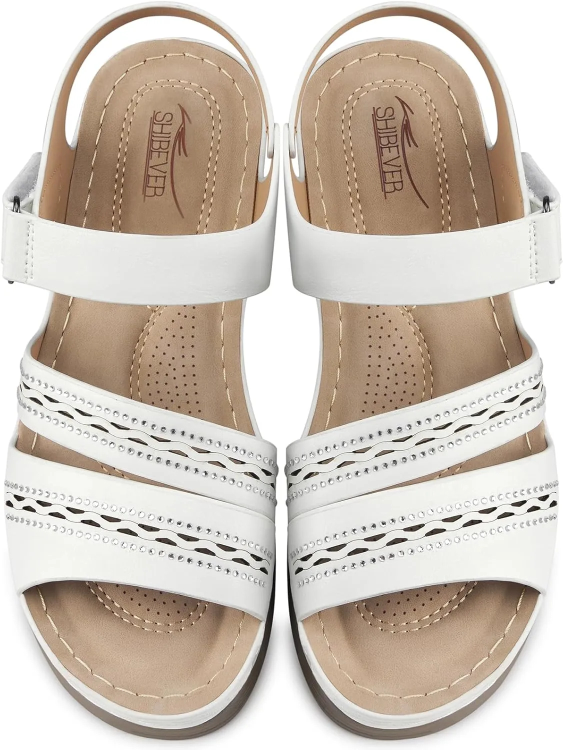 SHIBEVER Wedge Sandals for Women Dressy: Summer Walking Sandals Woman Comfortable - Casual Open Toe Rhinestone Low Wedge Shoes with Ankle Strap