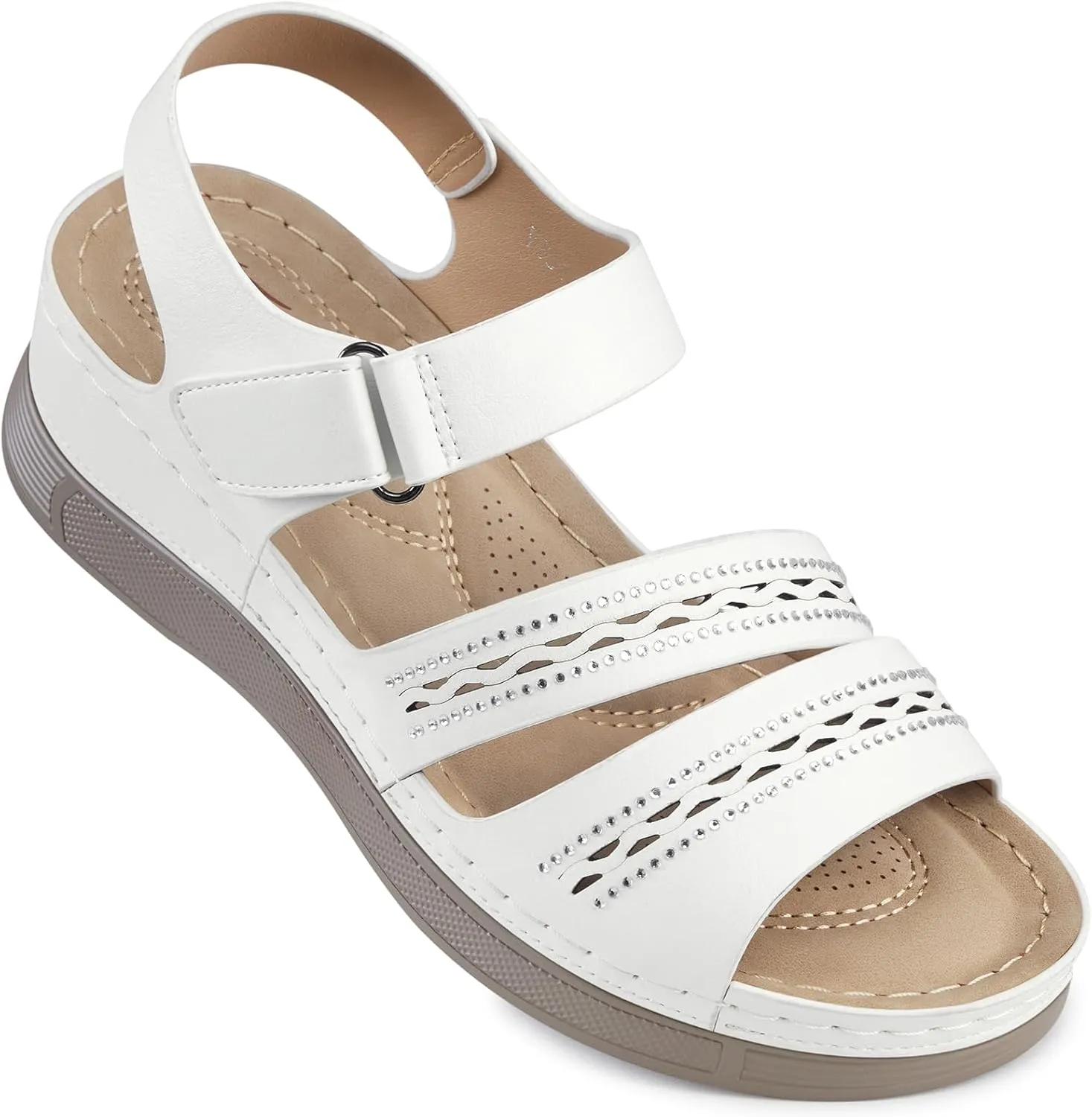 SHIBEVER Wedge Sandals for Women Dressy: Summer Walking Sandals Woman Comfortable - Casual Open Toe Rhinestone Low Wedge Shoes with Ankle Strap