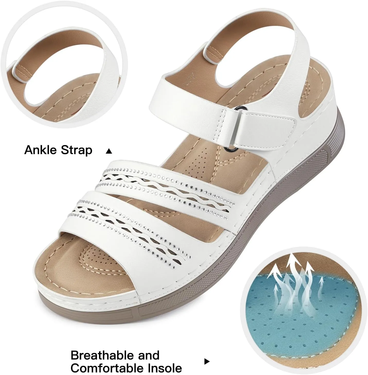 SHIBEVER Wedge Sandals for Women Dressy: Summer Walking Sandals Woman Comfortable - Casual Open Toe Rhinestone Low Wedge Shoes with Ankle Strap