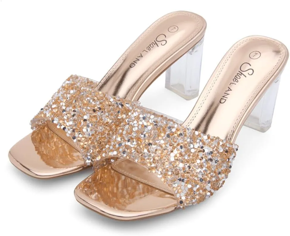 Shoe Land Clear Heels for Women – 3 Inch Chunky Heeled Mules, Transparent Slip-On Square Toe Slides | Dressy Clear Sandals for Wedding, Party & Casual Wear