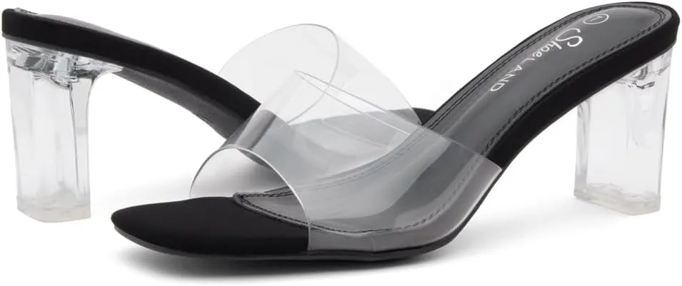 Shoe Land Clear Heels for Women – 3 Inch Chunky Heeled Mules, Transparent Slip-On Square Toe Slides | Dressy Clear Sandals for Wedding, Party & Casual Wear