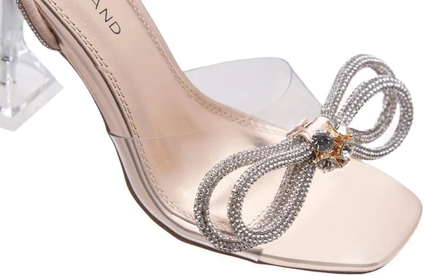 Shoe Land SL-NAOMI Women's Double Bowknots Crystal Sandals, Clear Slingback Heels with Square Open Toe – Dressy Rhinestone High Heels for Party Wedding and Prom