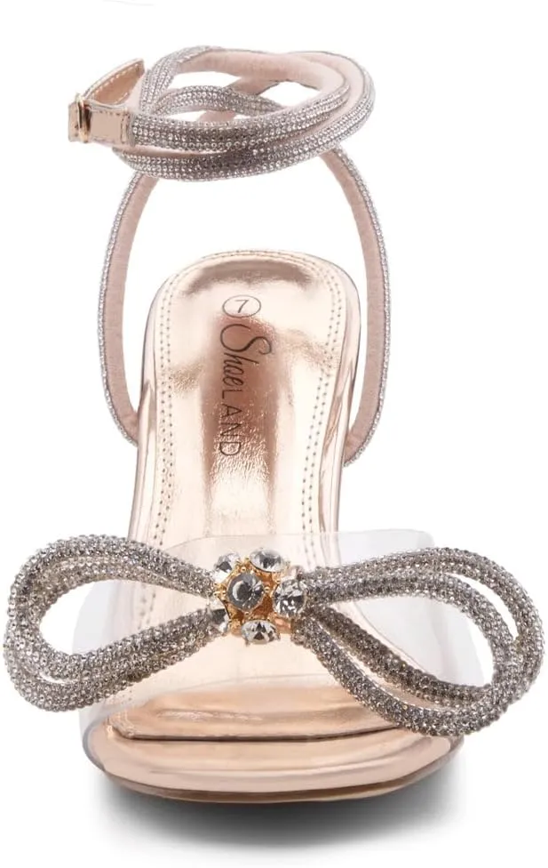 Shoe Land SL-NAOMI Women's Double Bowknots Crystal Sandals, Clear Slingback Heels with Square Open Toe – Dressy Rhinestone High Heels for Party Wedding and Prom