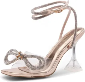 Shoe Land SL-NAOMI Women's Double Bowknots Crystal Sandals, Clear Slingback Heels with Square Open Toe – Dressy Rhinestone High Heels for Party Wedding and Prom