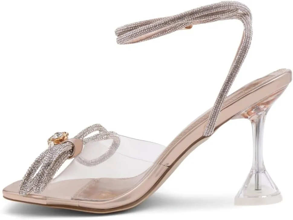 Shoe Land SL-NAOMI Women's Double Bowknots Crystal Sandals, Clear Slingback Heels with Square Open Toe – Dressy Rhinestone High Heels for Party Wedding and Prom