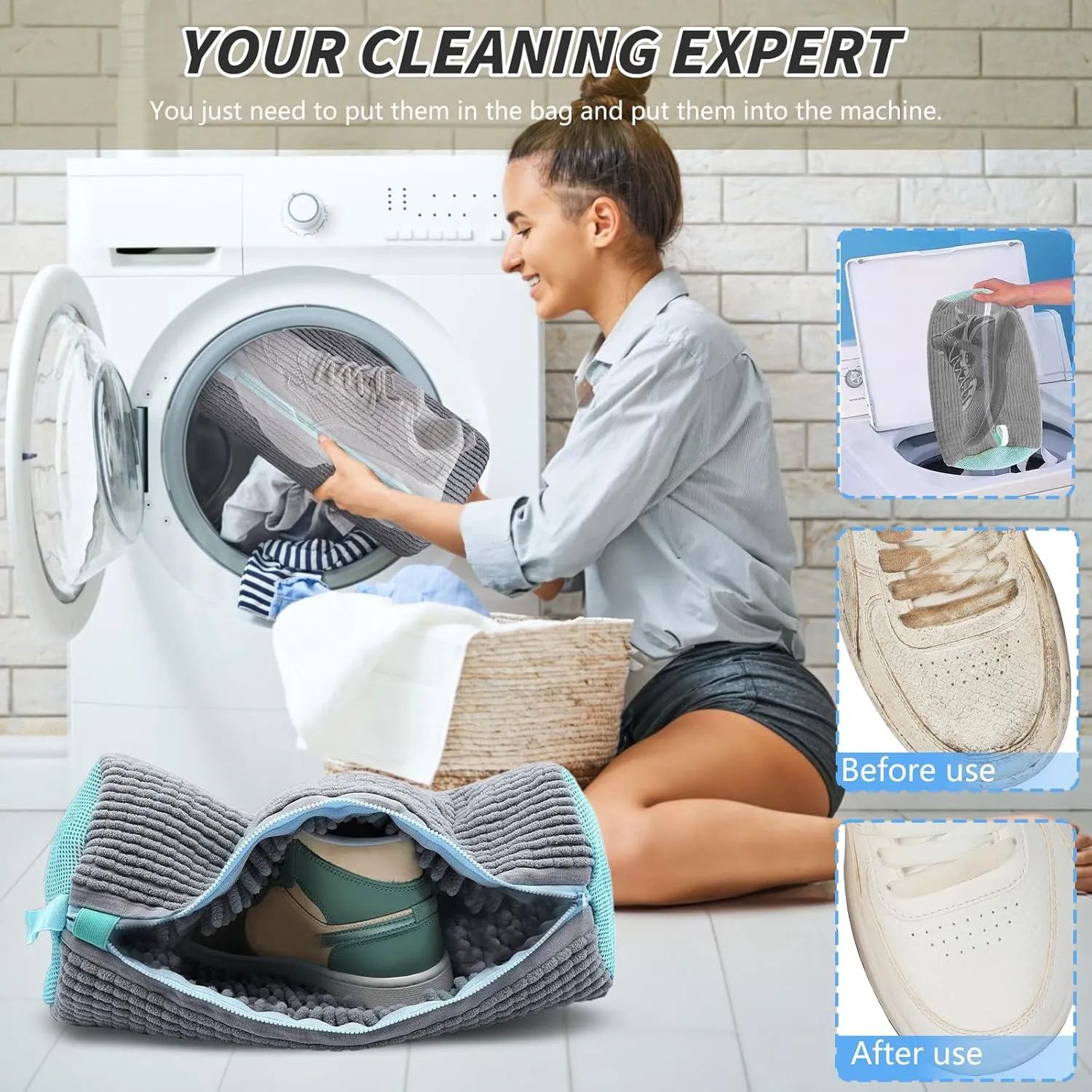 Shoe Washing Machine Bag, Laundry Shoe Bag for Washer and Dryer Reusable Shoe Cleaning Bags, 360° Deep Clean for Sneakers, Tennis Shoes and Slippers - 2 Pcs (Grey)