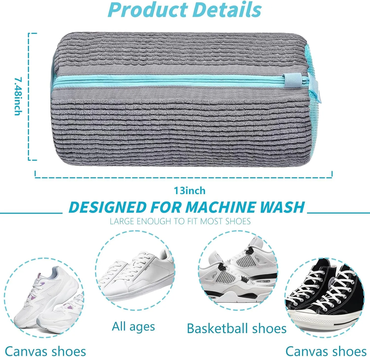 Shoe Washing Machine Bag, Laundry Shoe Bag for Washer and Dryer Reusable Shoe Cleaning Bags, 360° Deep Clean for Sneakers, Tennis Shoes and Slippers - 2 Pcs (Grey)
