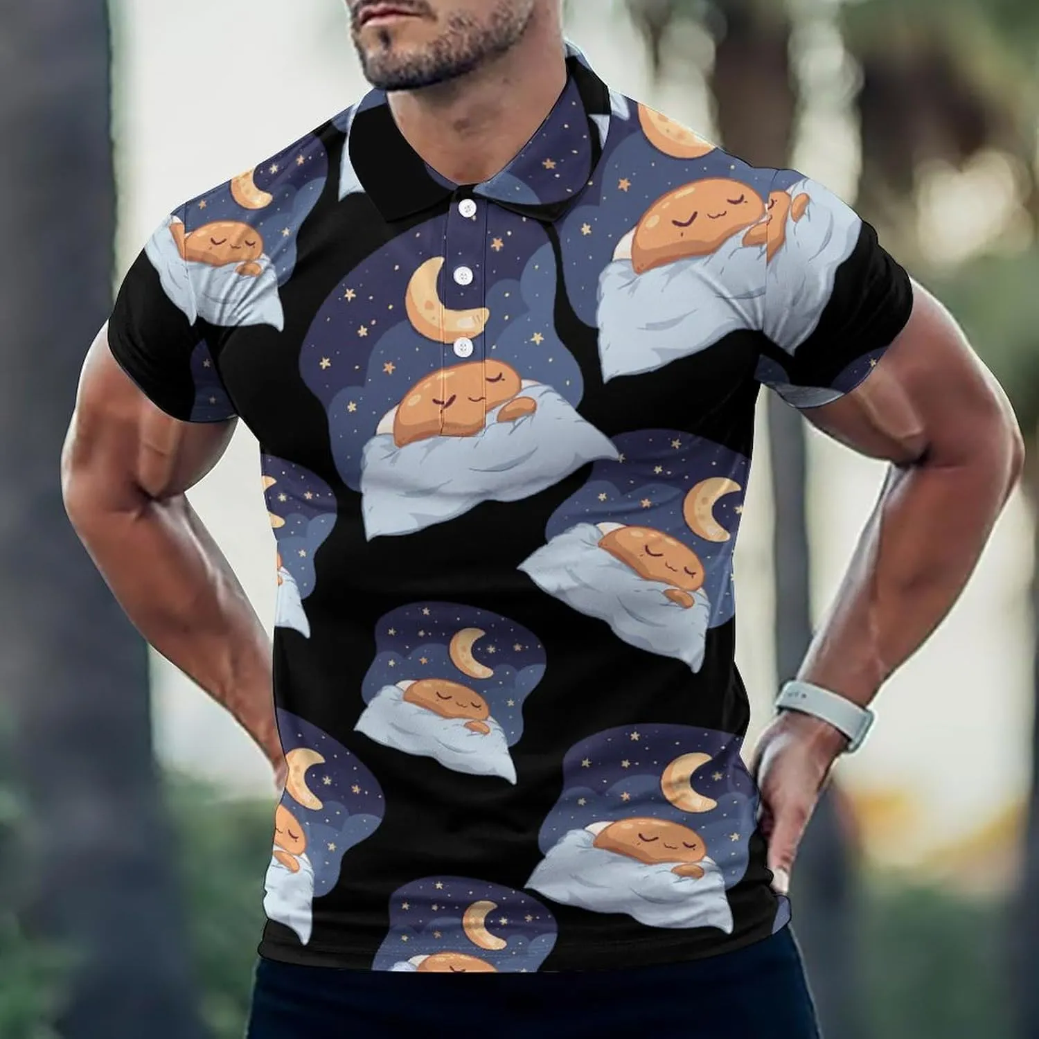 Sleeping Cocoa Chocolate Beans Hawaiin Polo Shirt for Men Casual Golf Shirts Short Sleeves Collared Top