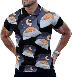 Sleeping Cocoa Chocolate Beans Hawaiin Polo Shirt for Men Casual Golf Shirts Short Sleeves Collared Top