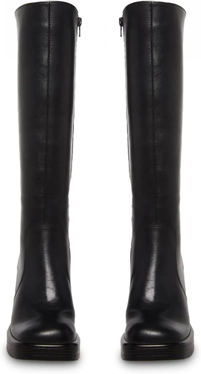 SOVANYOU Black Leather Boots Platform Boots for Women Square Toe Chunky Block Heeled Boots