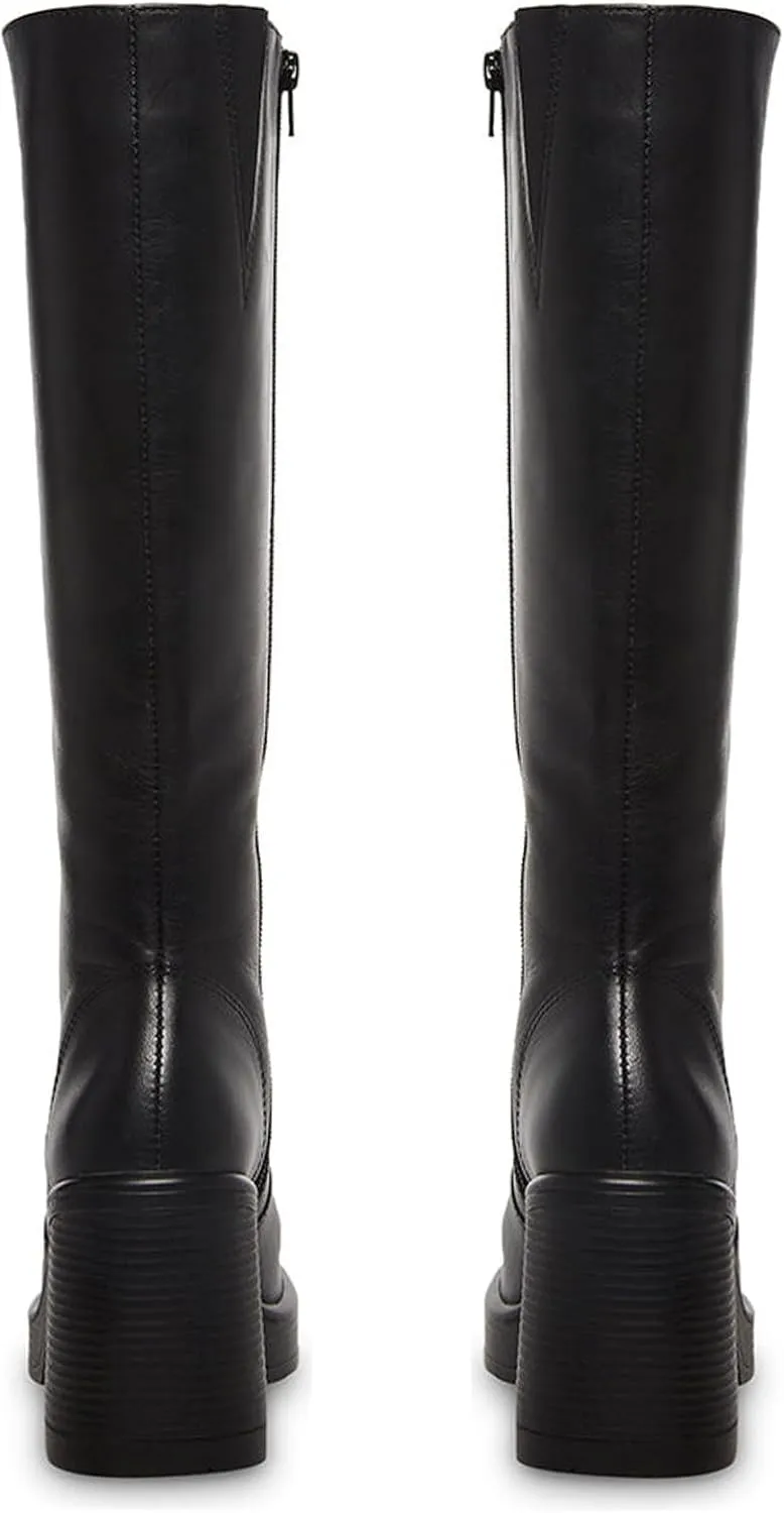 SOVANYOU Black Leather Boots Platform Boots for Women Square Toe Chunky Block Heeled Boots