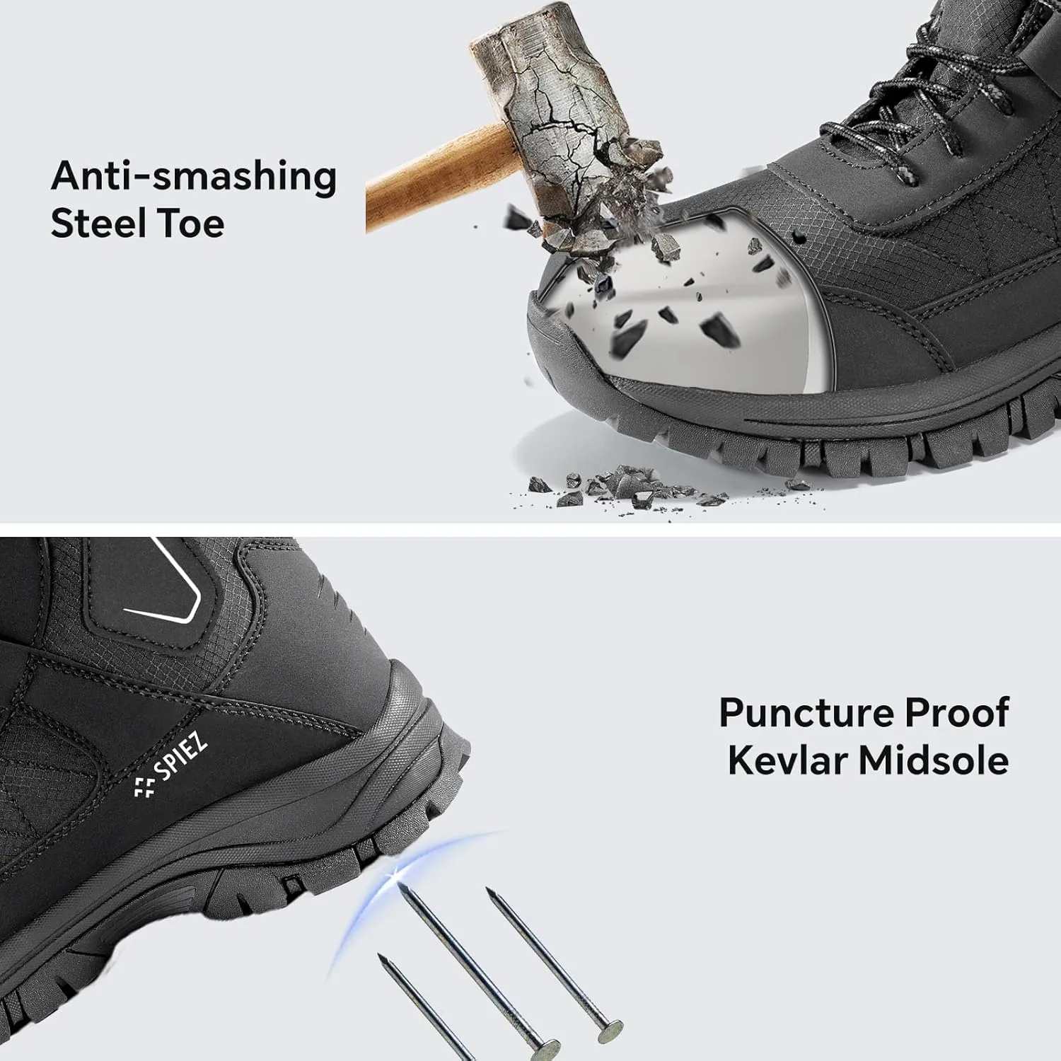 SPIEZ Waterproof Steel Toe Work Boots for Men Slip Resistant Antistatic Safety Shoes High-Top Winter Industrial and Construction Boots Black US 7.5-12