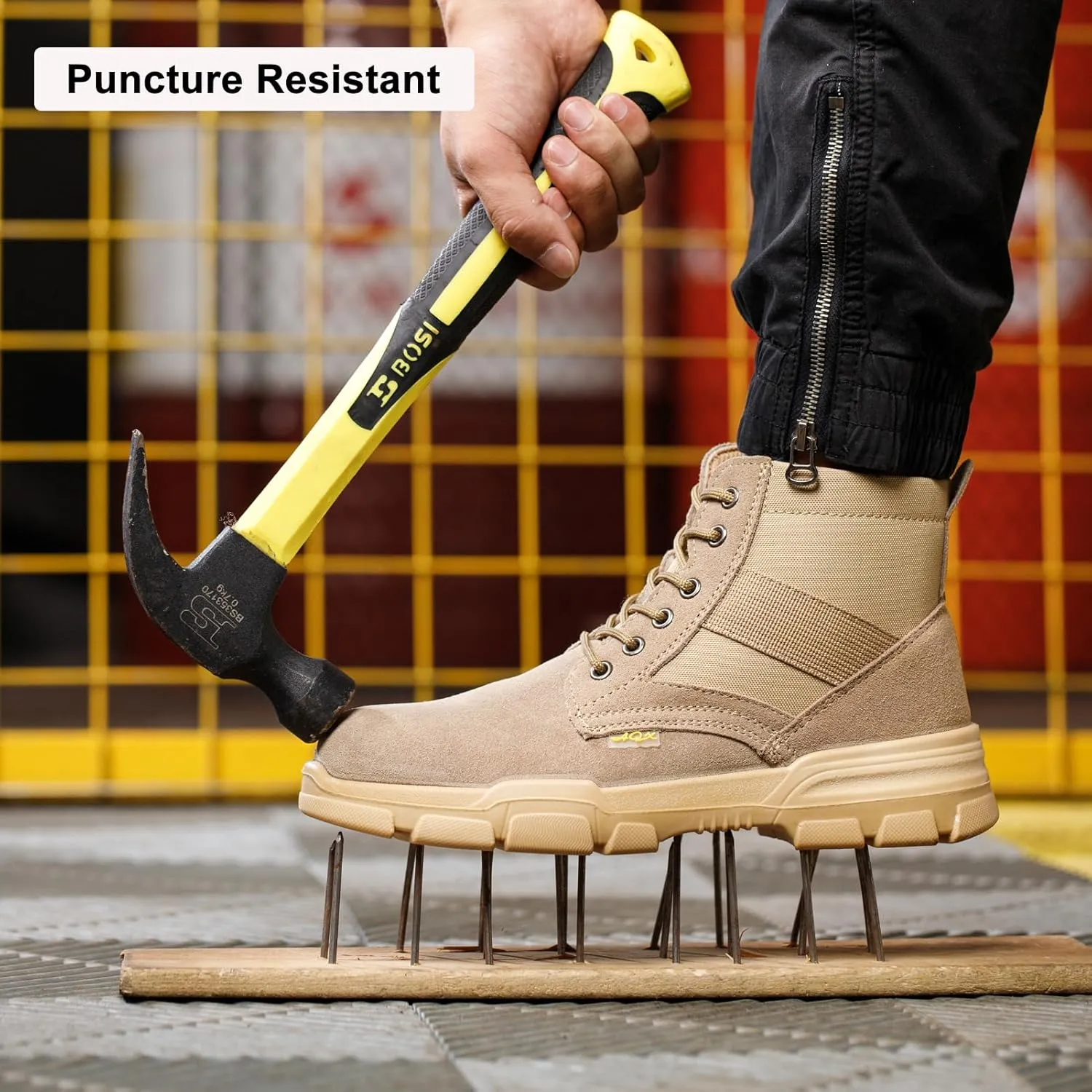 Steel Toe Boots for Men or Women, Slip Resistant Work Boots Steel Toe Shoes Indestructible Tactical Mid Top Safety Shoes for Warehouse Industry Construction - Khaki