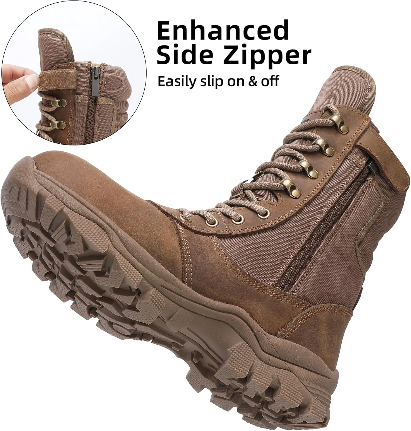 Steel Toe Work Boots for Men Side Zipper Puncture Proof Slip Resistant Comfortable Indestructible Military Tactical Combat Boots 8 inch