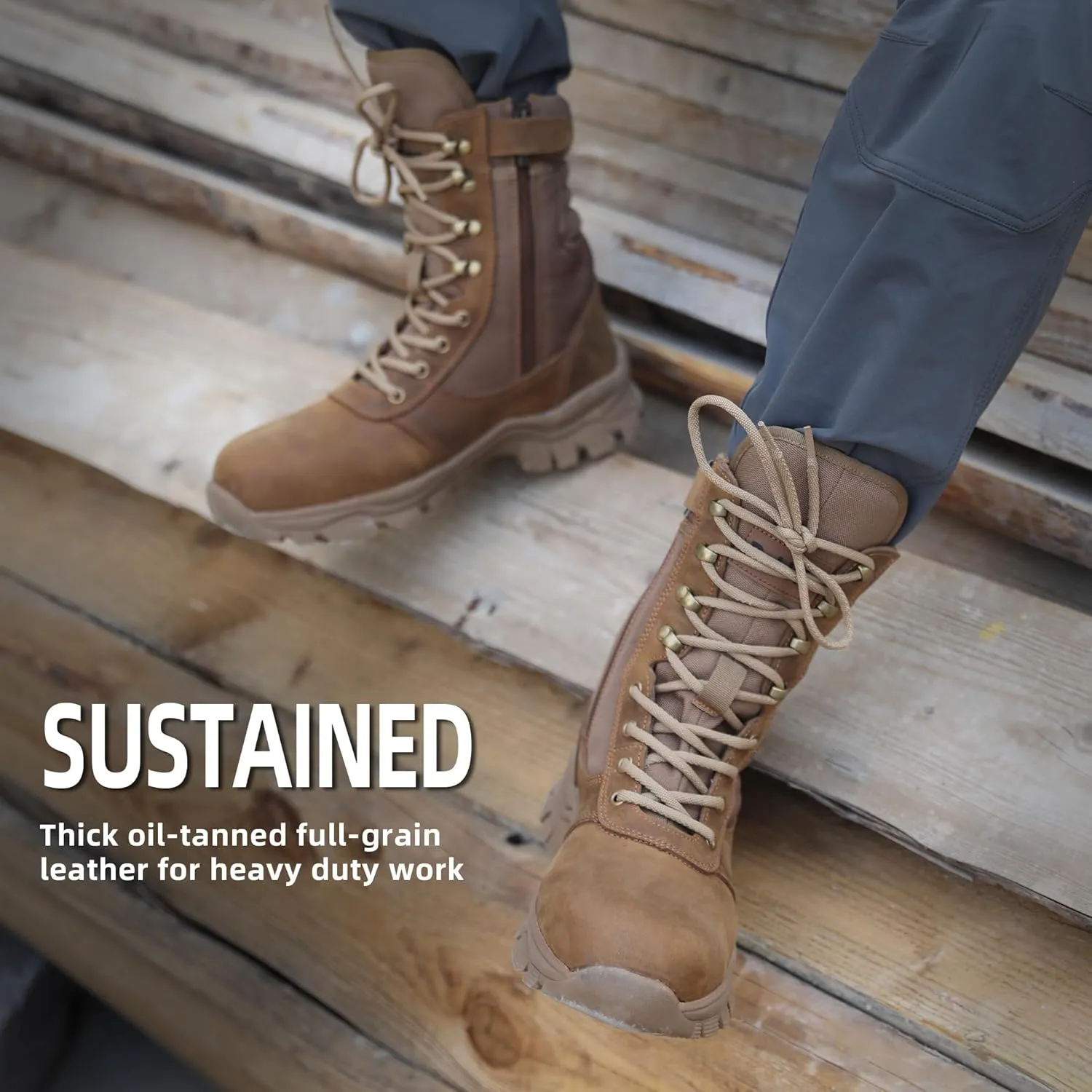 Steel Toe Work Boots for Men Side Zipper Puncture Proof Slip Resistant Comfortable Indestructible Military Tactical Combat Boots 8 inch