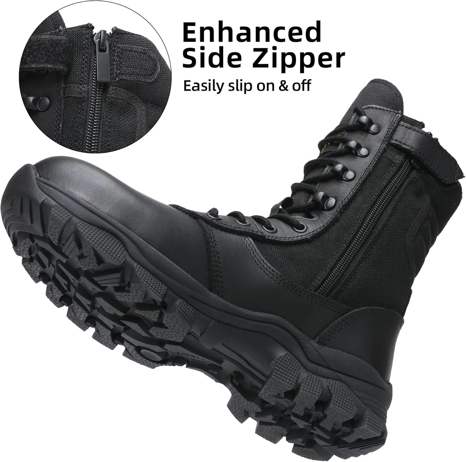Steel Toe Work Boots for Men Side Zipper Puncture Proof Slip Resistant Comfortable Indestructible Military Tactical Combat Boots 8 inch