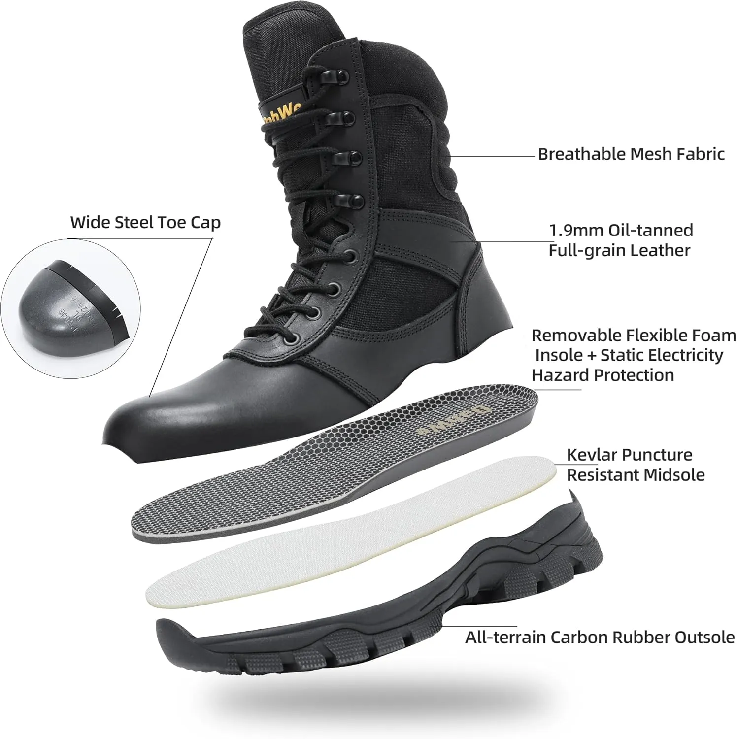 Steel Toe Work Boots for Men Side Zipper Puncture Proof Slip Resistant Comfortable Indestructible Military Tactical Combat Boots 8 inch
