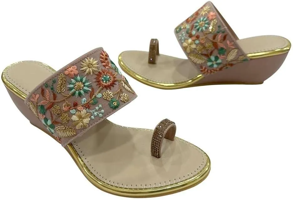 Stop n Style Women's Ethnic Wedge Sandal Ring Toe Slippers Casual Summer Vacation Flip Flop Sandals for Women