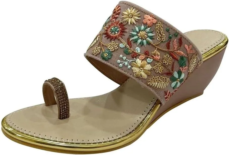 Stop n Style Women's Ethnic Wedge Sandal Ring Toe Slippers Casual Summer Vacation Flip Flop Sandals for Women