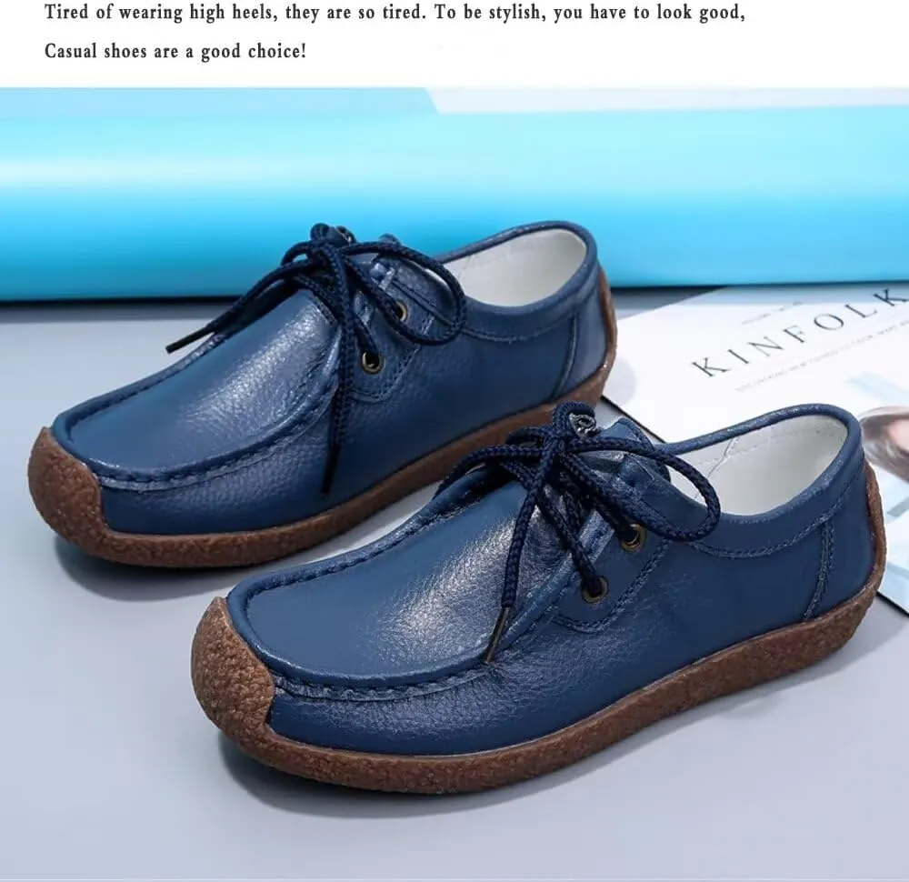 Sunporx Women's Lace-up Moccasin Lefse Shoes Driving Leather Oxford Shoe Non-Slip Comfortable Flat Bottom Walking Shoes