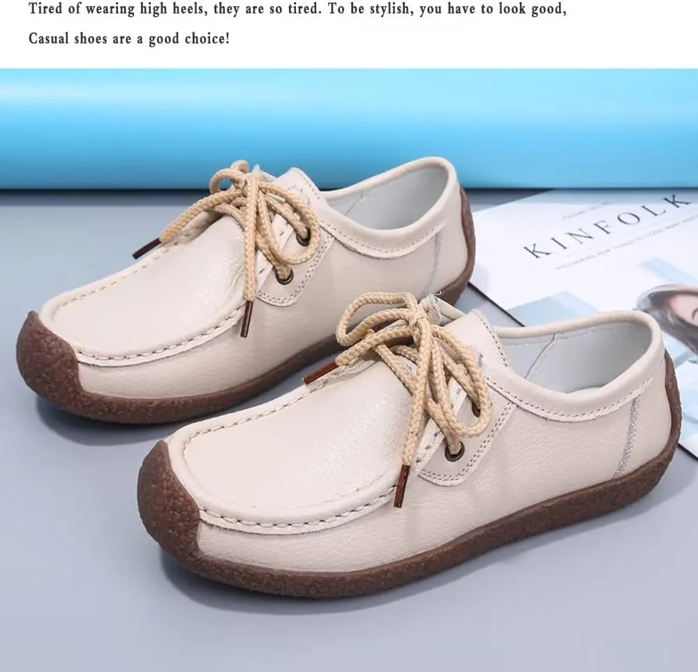 Sunporx Women's Lace-up Moccasin Lefse Shoes Driving Leather Oxford Shoe Non-Slip Comfortable Flat Bottom Walking Shoes