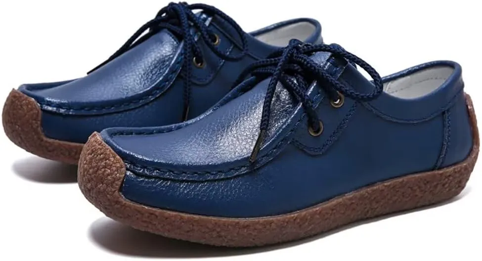 Sunporx Women's Lace-up Moccasin Lefse Shoes Driving Leather Oxford Shoe Non-Slip Comfortable Flat Bottom Walking Shoes