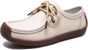 Sunporx Women's Lace-up Moccasin Lefse Shoes Driving Leather Oxford Shoe Non-Slip Comfortable Flat Bottom Walking Shoes