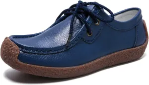 Sunporx Women's Lace-up Moccasin Lefse Shoes Driving Leather Oxford Shoe Non-Slip Comfortable Flat Bottom Walking Shoes