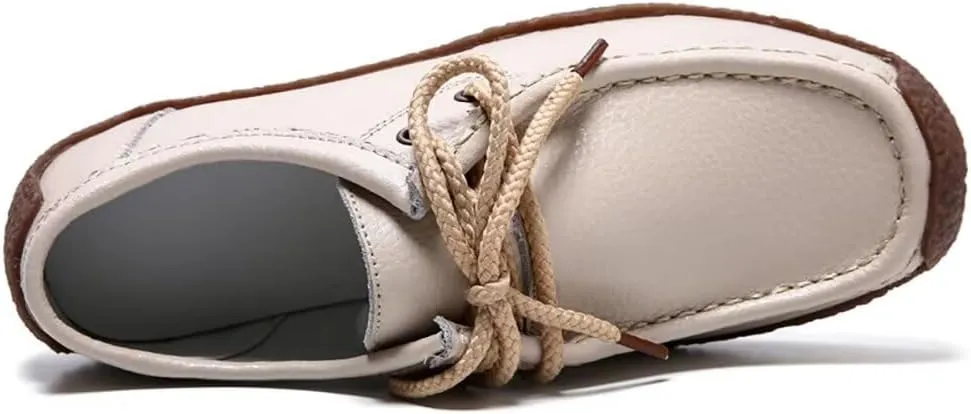 Sunporx Women's Lace-up Moccasin Lefse Shoes Driving Leather Oxford Shoe Non-Slip Comfortable Flat Bottom Walking Shoes