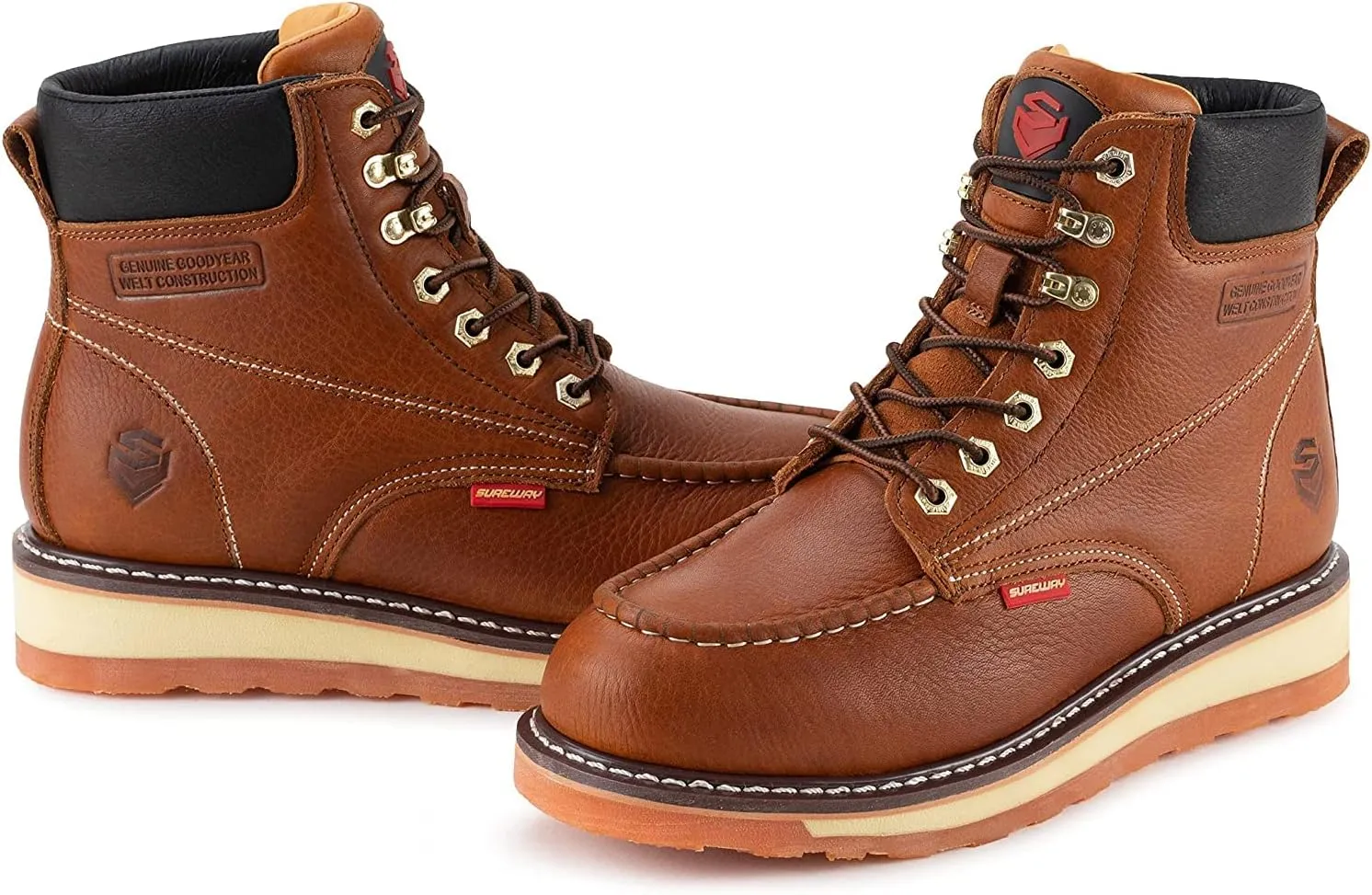 SUREWAY 6” Mens Heavy Duty Steel/Composite/Soft Toe Work Boots for Men,Comfortable & Durable,Goodyear Welt,Full Grain Leather,Oil/Slip Resistant,Wedge Moc Toe Industrial Construction Boots/Shoes
