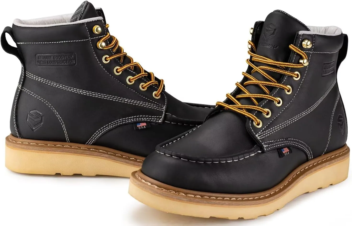 SUREWAY 6” Wedge Moc Toe Work Boots for Men - Soft Toe,Premium Full-Grain Leather,Lightweight Work Boots/Shoes,Comfort Insole,Oil/Slip Resistant,Real Goodyear,EH Rated Industrial Construction Boots